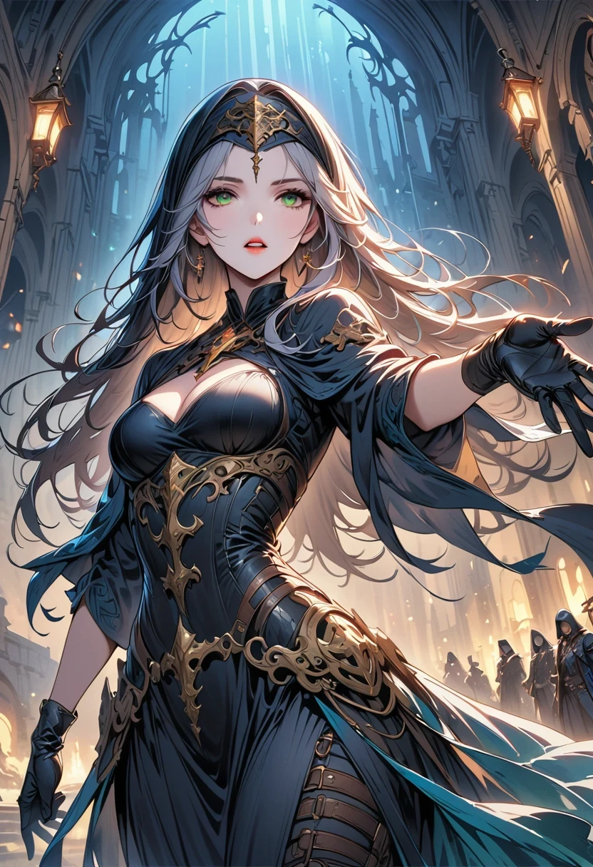 (dark fantasy), (Super wide angle moonlight), Gothic castle front, Skeleton Nun (bow your head, Wearing ragged nun clothes,green eyes, open mouth) , concept digital art, Sky blue and gray, (masterpiece, best quality, ultra high definition, Very detailed, movie lighting), Gothic