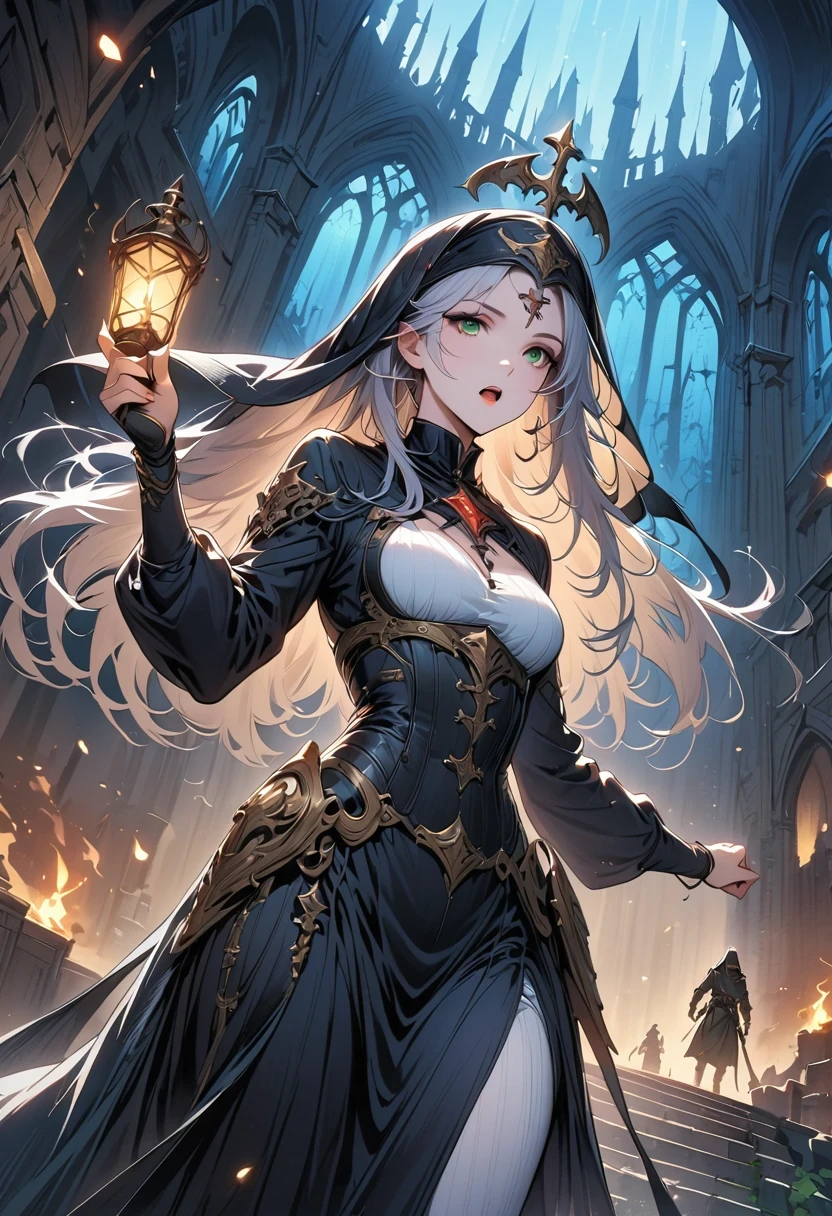 (dark fantasy), (Super wide angle moonlight), Gothic castle front, Skeleton Nun (bow your head, Wearing ragged nun clothes,green eyes, open mouth) , concept digital art, Sky blue and gray, (masterpiece, best quality, ultra high definition, Very detailed, movie lighting), Gothic