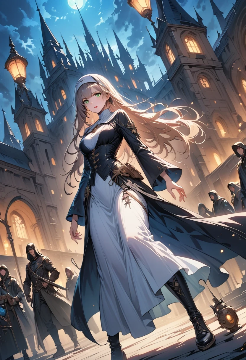 (dark fantasy), (Super wide angle moonlight), Gothic castle front, Skeleton Nun (bow your head, Wearing ragged nun clothes，green eyes, open mouth) ,  concept digital art, Sky blue and gray, (masterpiece, best quality, ultra high definition, Very detailed, movie lighting), Gothic