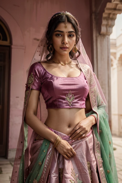 A women in a pink with a pink and green veil, An empress rose artisanally transitions into the depth of cherry pinks on a lustrous velvet base, Hand embroidered intricately with our signature silver and gold zardozi embroidery infused with the beauty of badla work., shades of green and pink, very beautiful lehenga style, with intricate details, beauteous sumptuous, ritu kumar, pink hues, jacqueline e, pink and gren color scheme, perfect composition, happy, hyperrealistic, super detailed, 8k, high quality, trending art, trending on artstation, sharp focus, studio photo, intricate details, highly detailed