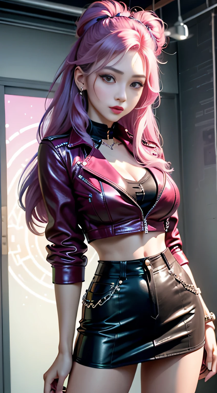 sfw, magenta tint、Bright colorasterpiece)))、(((top quality)))、((Super detailed))、(surreal)、(Very detailed CG illustrations）、official art、CD cover、This will be、midsummer、fashionable、The glorious 1980s、cruel beauty、cochetti gorgeous、gorgeous、Colorful hair、rock music、leather jacket、miniskirt、women only、perfect angle、Perfect composition, wearing bra,((skinny waist)), young asian girl, ((big breasted)),
Waiting to star