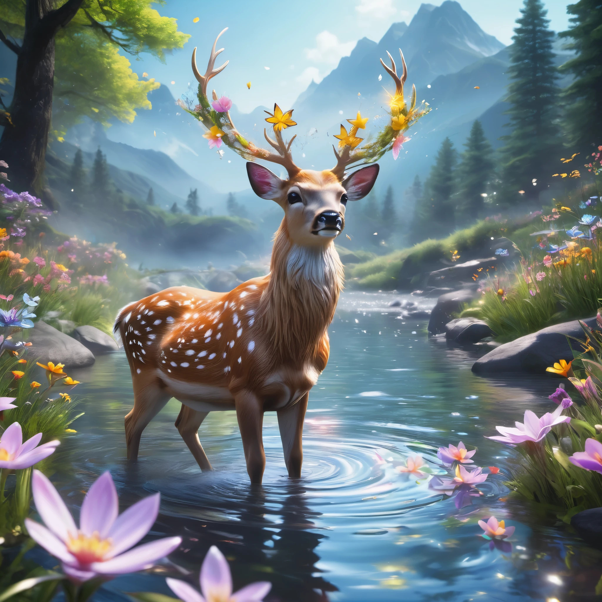 Magic deer,kawaii,fluffly,Sparkling star body painting,In a stream between the mountains, Ethereal dreams,butterflys,Flower crown,magical forest background,Glittering reflections on the water,Serene expression,Flowers blooming arounntasy forest,photorealistic paintings,sharp fokus,8k,Perfectcomposition,ArtStation Trends,an award winning photograph,Unreal Engine 5,The movie is smooth,complexdetails