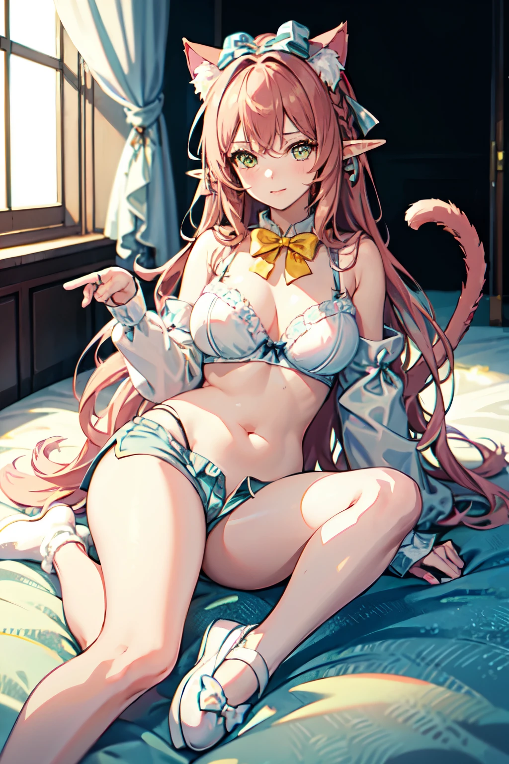1girl, long hair, pink to caramel hair, cat ears and tail, light blue bow on head, yellow bows on side of head, short elf ears, open tummy, white bra, black shorts, light blue and white checkered sleeves, white and light blue slippers, very curvy body