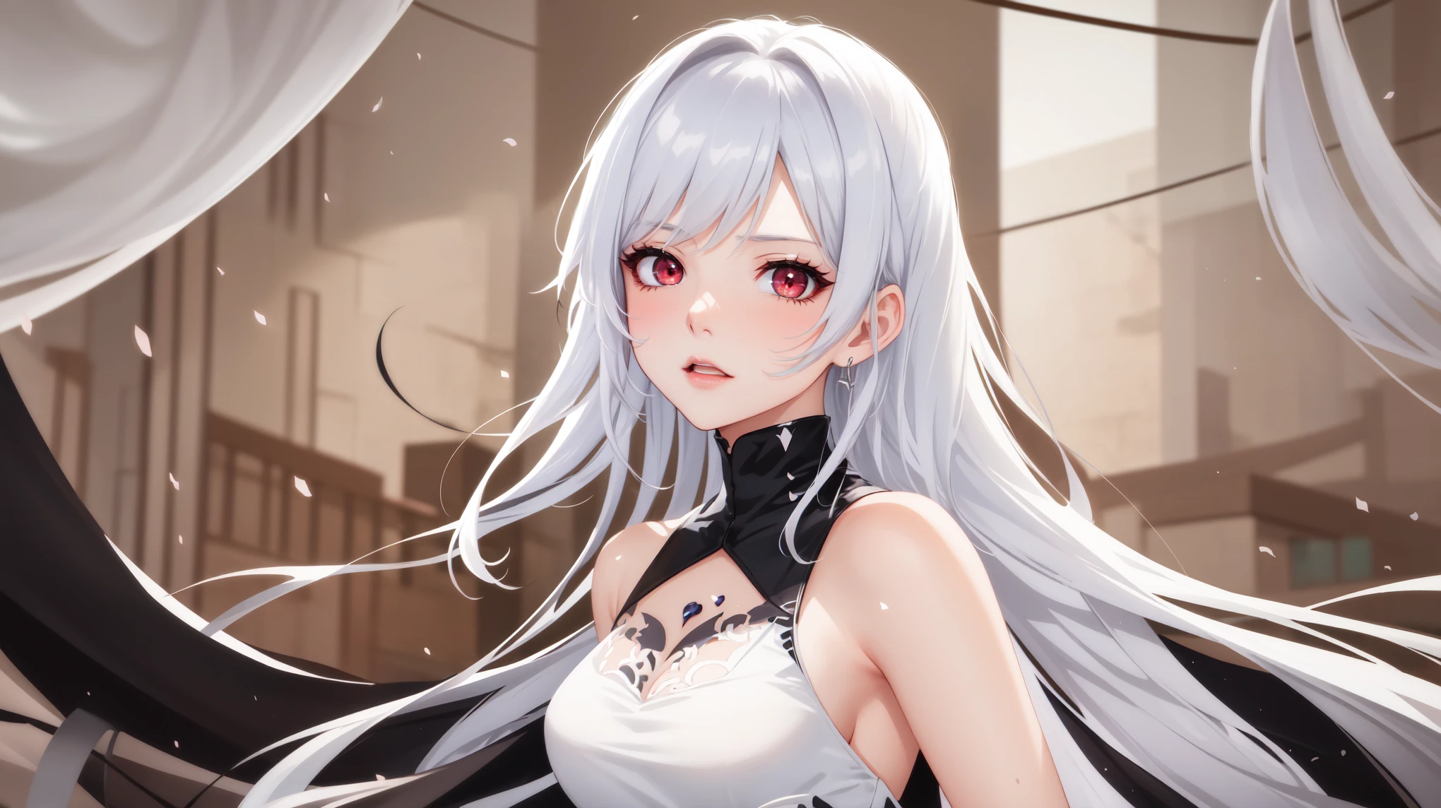 ((30-year-old)), anime girl with long white hair and black dress posing in front of a window, girl with white hair, anime style 4 k, detailed digital anime art, smooth anime cg art, anime style. 8k, guweiz on pixiv artstation, guweiz on artstation pixiv, artwork in the style of guweiz, detailed portrait of anime girl, very bright red eyes, in her twenties,