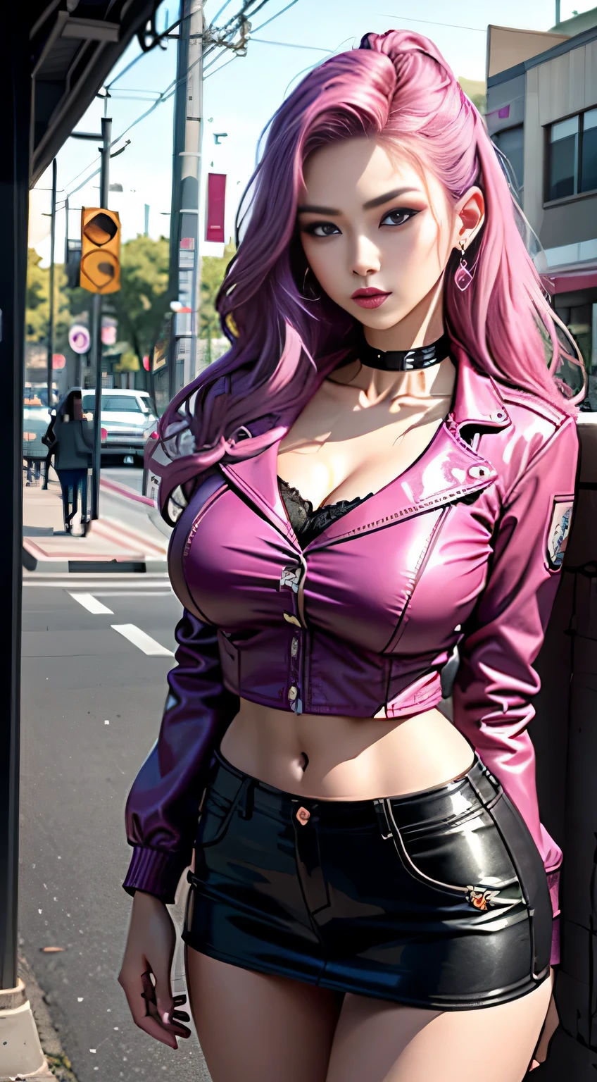 sfw, magenta tint、Bright colorasterpiece)))、(((top quality)))、((Super detailed))、(surreal)、(Very detailed CG illustrations)、official art、CD cover、This will be、midsummer、fashionable、The glorious 1980s、cruel beauty、cochetti gorgeous、gorgeous、Colorful hair、rock music、leather jacket、miniskirt、women only、perfect angle、Perfect composition, wearing bra,((skinny waist)), young asian girl, ((big breasted)),
Waiting to star