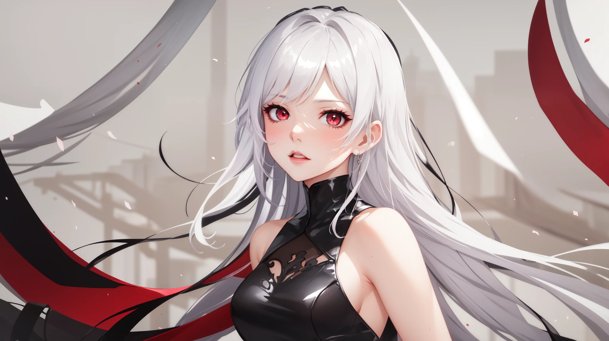 ((30-year-old)), anime girl with long white hair and black dress posing in front of a window, girl with white hair, anime style 4 k, detailed digital anime art, smooth anime cg art, anime style. 8k, guweiz on pixiv artstation, guweiz on artstation pixiv, artwork in the style of guweiz, detailed portrait of anime girl, very bright red eyes, in her twenties, 