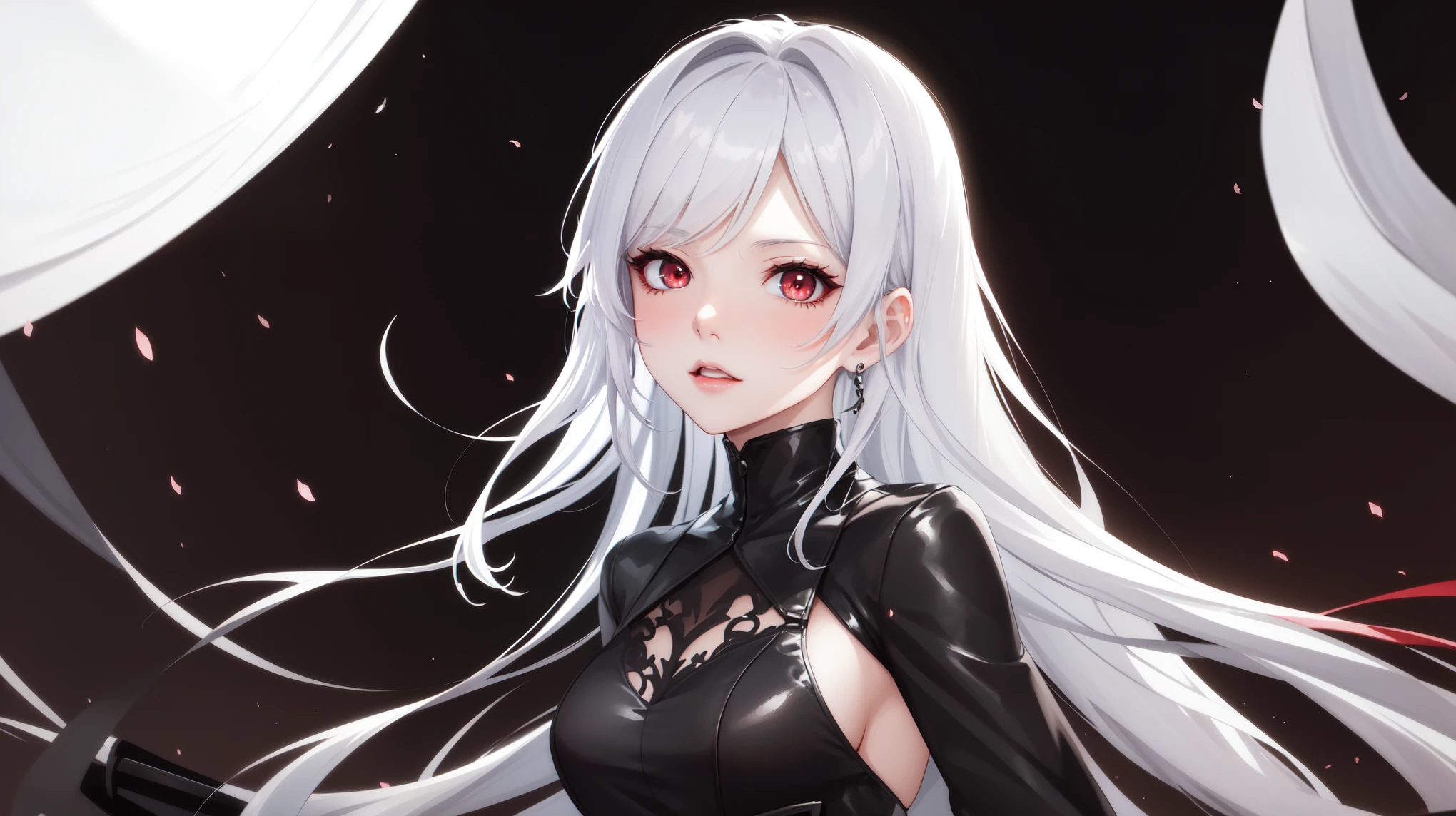 ((30-year-old)), anime girl with long white hair and black dress posing in front of a window, girl with white hair, anime style 4 k, detailed digital anime art, smooth anime cg art, anime style. 8k, guweiz on pixiv artstation, guweiz on artstation pixiv, artwork in the style of guweiz, detailed portrait of anime girl, very bright red eyes, in her twenties, 