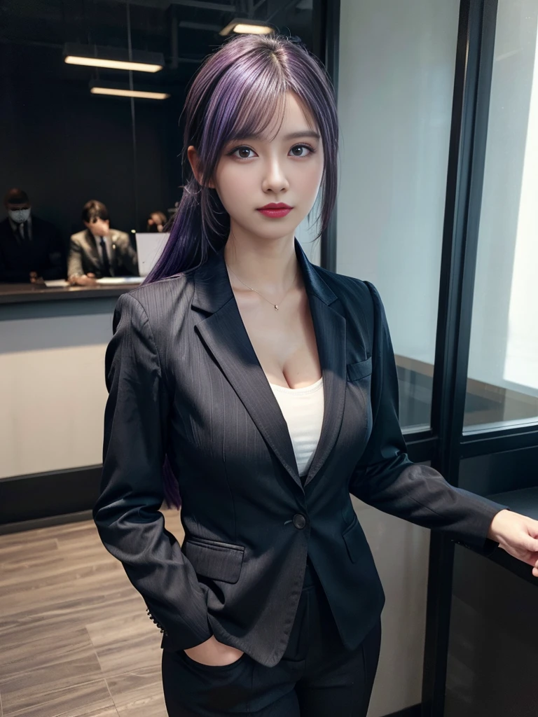 Beautiful woman, 25 years old, high ponytail, bright purple hair, Beautiful breasts, (Realistic skin),elegant upper class wearing a black pantsuit, black jacket, white shirt, cleavage visible, black pumps, and a business shirt. Elite secretary, working in the office, wearing a strict business suit, pantsuit style, wearing luxury high heels, girl wearing a shirt, wearing a business suit, wearing a business suit, black nail art, business Wearing a suit, Businessman, Business clothes, Wearing a black business suit, Wearing a shirt and jacket, Woman in a business suit, Business suit, Business attire, Raw photo, (8K, highest quality, Masterpiece: 1.2), (Complex Detail: 1.4), (Photoreal: 1.4), Octane Rendering, Complex 3D Rendering Super Detail, Studio Soft Light, Rim Light, Vibrant Detail, Super Detail, Realistic Skin texture, surface details, beautifully detailed eyes, highly detailed CG Unity 16k wallpaper, supplement, (detailed background:1.2),