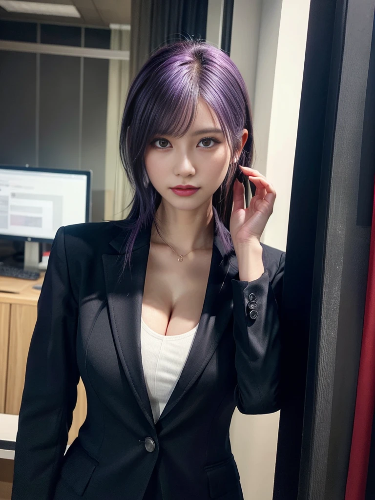Beautiful woman, 25 years old, high ponytail, bright purple hair, perfect purple hair, Beautiful breasts, (Realistic skin),elegant upper class wearing a black pantsuit, black jacket, white shirt, cleavage visible, black pumps, and a business shirt. Elite secretary, working in the office, wearing a strict business suit, pantsuit style, wearing luxury high heels, girl wearing a shirt, wearing a business suit, wearing a business suit, black nail art, business Wearing a suit, Businessman, Business clothes, Wearing a black business suit, Wearing a white shirt and black jacket, Woman in a business suit, Business suit, Business attire, Raw photo, (8K, highest quality, Masterpiece: 1.2), (Complex Detail: 1.4), (Photoreal: 1.4), Octane Rendering, Complex 3D Rendering Super Detail, Studio Soft Light, Rim Light, Vibrant Detail, Super Detail, Realistic Skin texture, surface details, beautifully detailed eyes, highly detailed CG Unity 16k wallpaper, supplement, (detailed background:1.2),pony tail