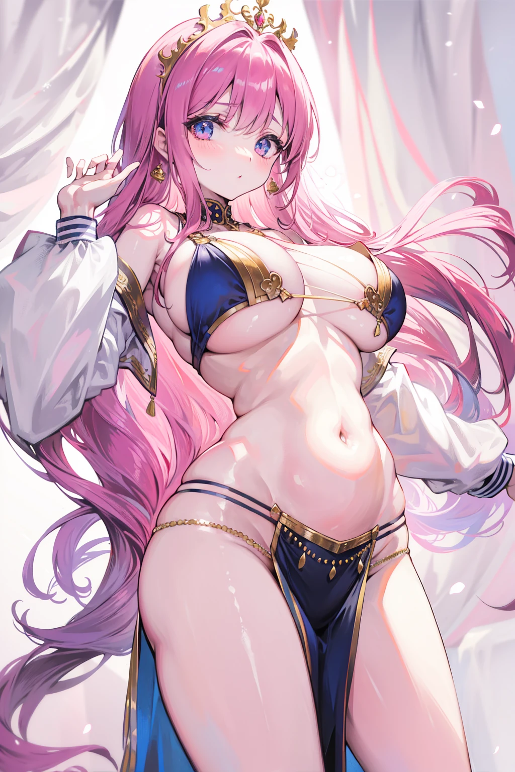 25-year-old couple，Royal Sister, Belly dancer costume,Show your breasts, open chest, Big tits , will blush.，pink lips，white background，Masterpiece 8K