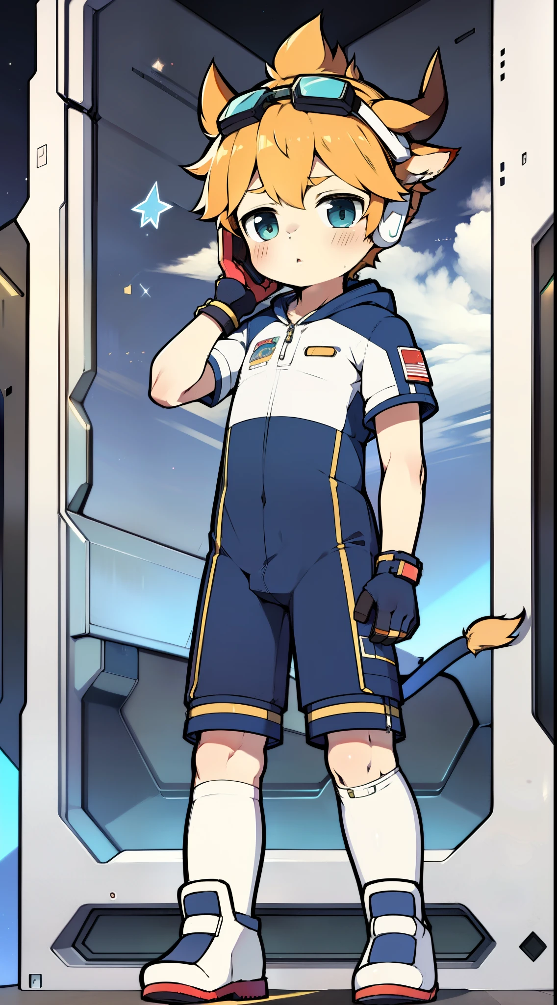 2D boy Shota，Siamese spacesuit，Put the headphones on your head，standing，goggles，horns，cow ears，sports shoes，white stockings