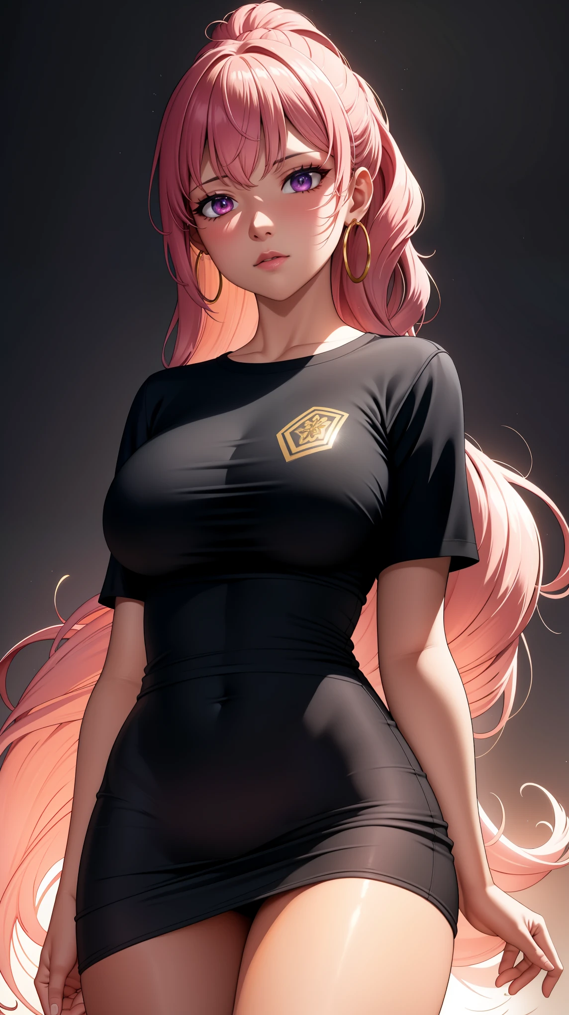 (best quality:1.5, highres, UHD, 4K, detailed lighting, shaders), curly floral haired, gradient hair, large breasts, suit, T-shirt, social shirt, short skirt, mature woman , (pov), white background, colorful eyeshadow, dramatic lighting, sparkling eyes, sensual expression, golden earrings, flowing hair, delicate facial features, dark skin, high cheekbones, urban setting, black background, dont look for the camera, lean forward,  behind  the camera