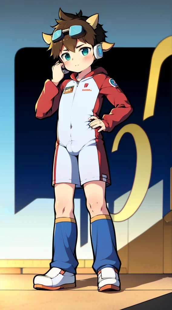 2D boy Shota，Siamese spacesuit，Put the headphones on your head，standing，goggles，horns，cow ears，sports shoes，white stockings