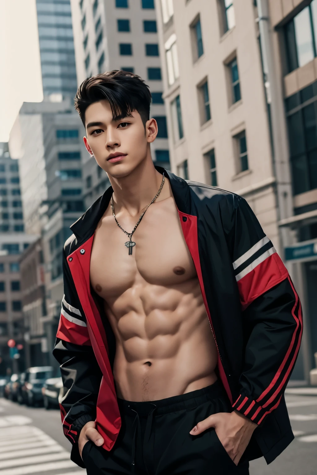 1boy,male focus,jacket,solo,jewelry,shirt,black hair,open jacket,open clothes,short hair,outdoors,looking at viewer,necklace,pants,black shirt,red jacket,closed mouth,artist name,covered abs,hands in pockets,pectorals,black pants,muscular,off shoulder,city,muscular male,building,undercut,