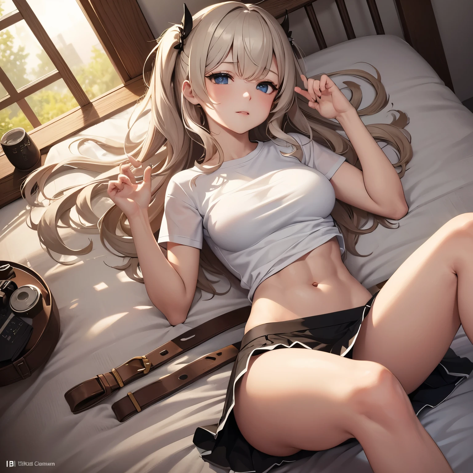 highest quality, 32k, Raw photo, incredibly absurdres, very detailed, delicate texture, Beautiful woman, Wearing a loose cropped T-shirt, , flare skirt, Two-side up messy wavy hair, lewd and obscene expressions, abs, Best body shape, fractal art, Art Design、sleep in bed、Top-down camera、Beautiful bed、rich nature、window、bed in、sex