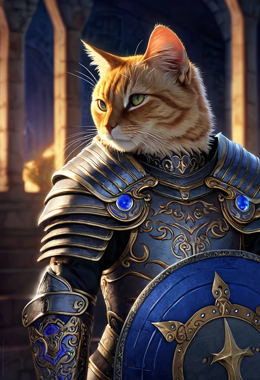 Cat Knight, aesthetic, (best quality, 4k, 8k, highres, masterpiece:1.2), ultra-detailed, (realistic, photorealistic, photo-realistic:1.37), cat, knight, armor, brave, valorous, intricate details, shining armor ,strong physique, detailed fur, textured fabric, metallic silver, gold accents, sword and shield, stoic expression, castle backdrop, majestic, royal blue and silver color palette, mystical lighting, moonlit night, whiskers, courageous, regal, warrior-like stance, proud, confident . anime artwork, anime style, key visual, vibrant, studio anime, highly detailed