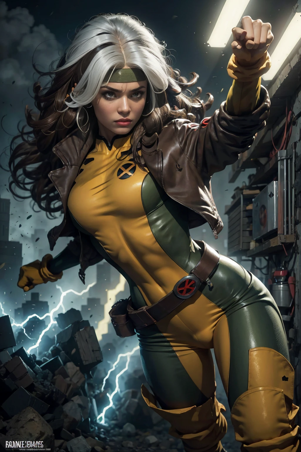 (cuerpo completo),Rogue of the X-men,hermosos ojos detallados,hermosos labios detallados,ojos y rostro extremadamente detallados,long eyelashes,pelo con mechas beige y blanco,cabello ondulado desordenado,ojos verdes ojos expresivos,pale skin,fierce expression,aura poderosa,postura segura,The characteristic white streak of hair of the rogue.,powerful energy surging from your body,guantes rotos y atados,mono ajustado verde y amarillo,botas de combate negras,chaqueta de cuero desgastada,Pantalones rasgados,gritty and dark lighting,fondo del paisaje urbano,sol naciente en la distancia,cielo nublado,moody atmosphere,comic style,medio similar a la pintura,colores vibrantes,alto contraste,sharp details,classic superhero pose