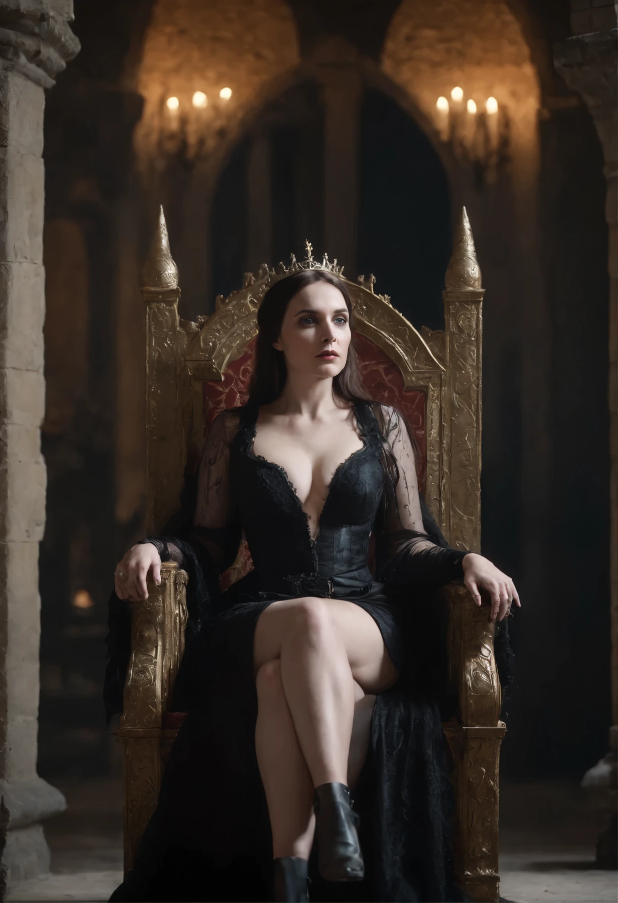 massively, overweight, naked, Gothic woman sitting on a throne in a castle