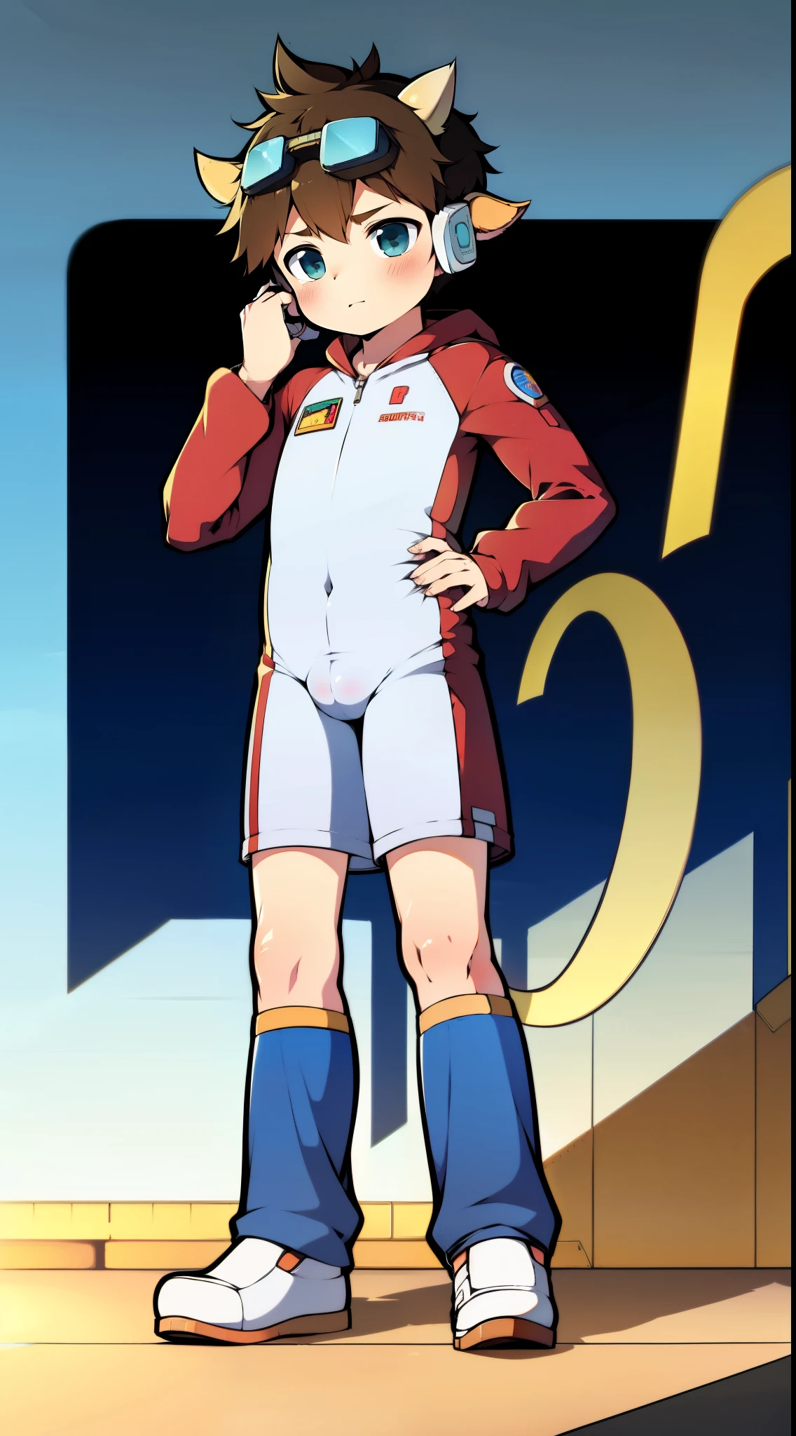 2D boy Shota，Siamese spacesuit，Put the headphones on your head，standing，goggles，horns，cow ears，sports shoes，white stockings
