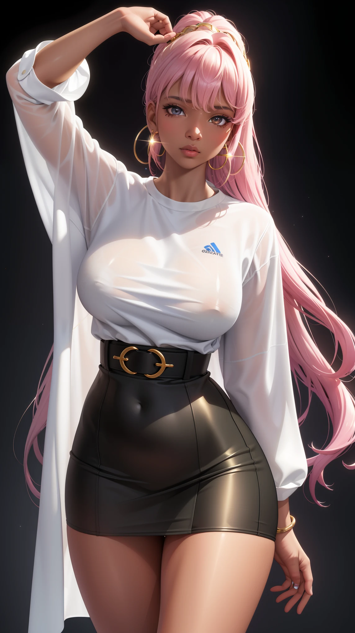 (best quality:1.5, highres, UHD, 4K, detailed lighting, shaders), white curly floral haired, gradient hair, large breasts, suit, T-shirt, social shirt, short skirt, mature woman , (pov), white background, colorful eyeshadow, dramatic lighting, sparkling eyes, sensual expression, golden earrings, flowing hair, delicate facial features, dark skin, high cheekbones, urban setting, black background, dont look for the camera, lean forward,  behind  the camera
