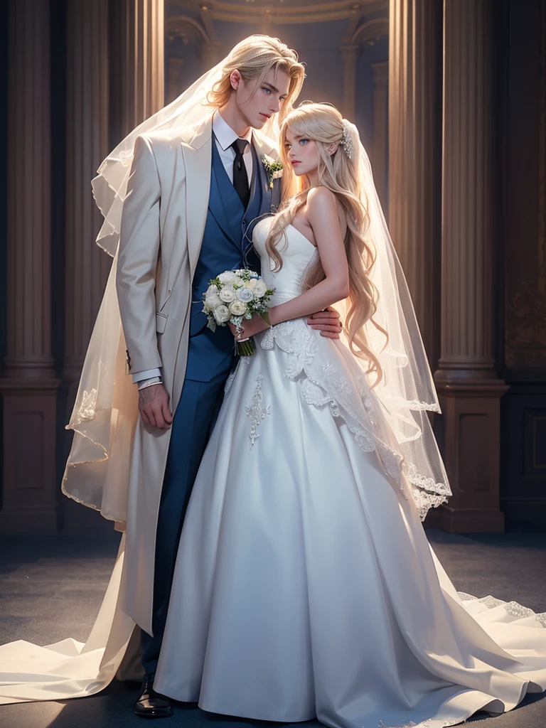 A tall, handsome, courageous young man dressed in a light wedding suit, tanned skin, long white hair, blue eyes holds in his arms an incredibly beautiful fatal bride with long golden hair, long bangs, blue eyes, in an elegant wedding dress. They are in love, they are happy. Masterpiece, perfect drawing, realistic drawing, full-length drawing, 8k. full-length image, realistic image, detailed image. an extremely detailed illustration, a real masterpiece, of the highest quality, with careful drawing.