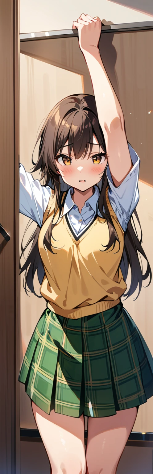 (masterpiece, best quality:1.2), 1girl, solo,standing_split,
Mikan Yuuki, brown eyes, brown hair, hair ornament,long hair,green plaid skirt, sainan high , , white shirt, yellow sweater vest,no panty
