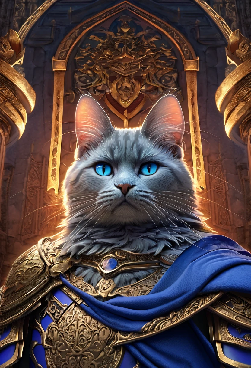 Cat Knight, aesthetic, (best quality, 4k, 8k, highres, masterpiece:1.2), ultra-detailed, (realistic, photorealistic, photo-realistic:1.37), cat, knight, armor, brave, valorous, intricate details, shining armor ,strong physique, detailed fur, textured fabric, metallic silver, gold accents, sword and shield, stoic expression, castle backdrop, majestic, royal blue and silver color palette, mystical lighting, moonlit night, whiskers, courageous, regal, warrior-like stance, proud, confident . anime artwork, anime style, key visual, vibrant, studio anime, highly detailed
