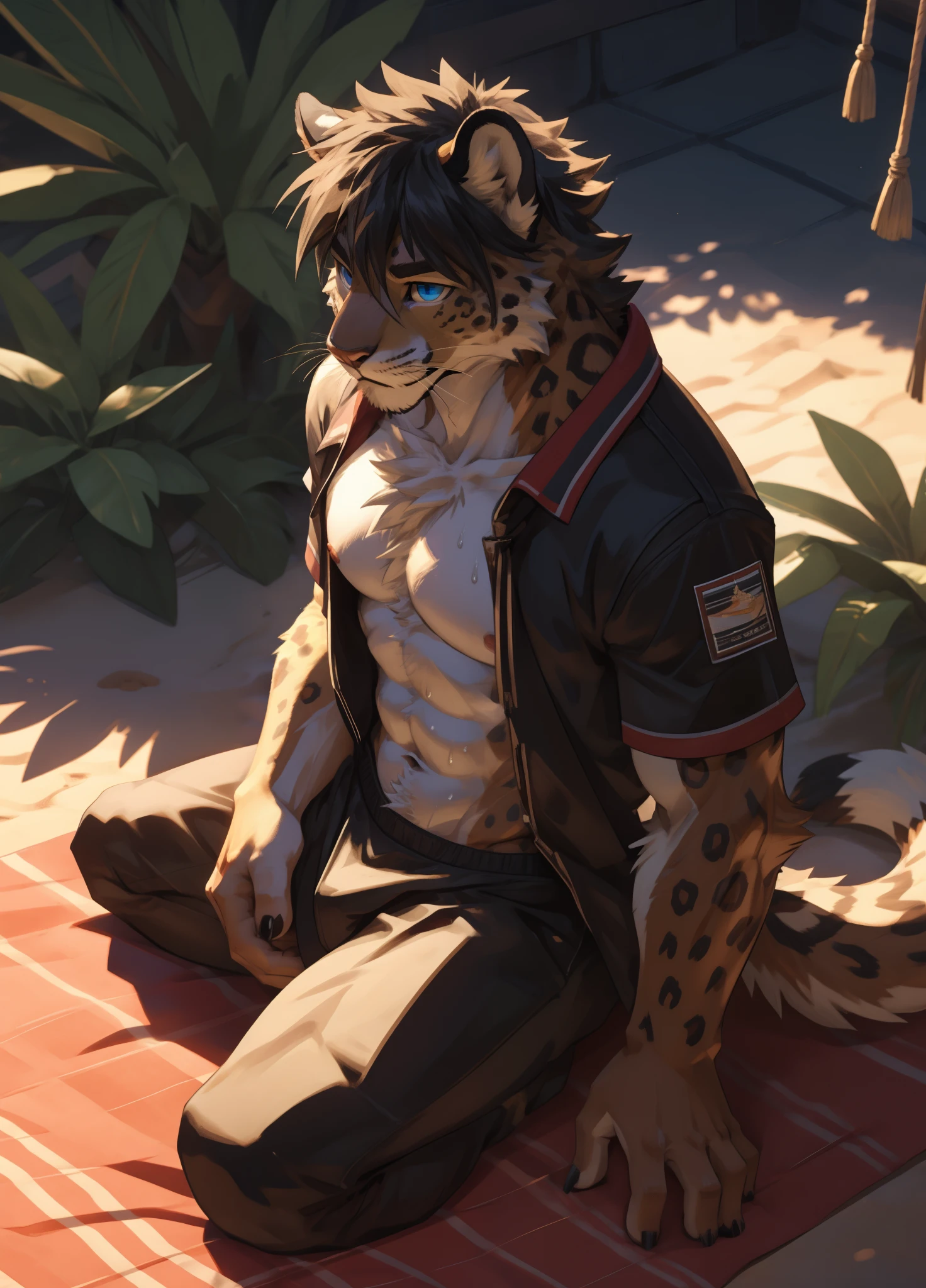 (Close-up), There is a Leopard wearing underwear ang sitting cross-legged, blue eyes, muscular, furry chest, fluffy fur, topless, huge crotch, veins, fluffy chest, bare chest, Sexybody, muscular, anthropomorphic, extra detailed body, detailed body, Best quality, masterpiece, ultra high res,detailed background,realistic, real shadow and light,depth of field, (view from above), sweaty, sunny, at the noon, beach, sitting on picnic mat, coconut tree, Island, Leopard.