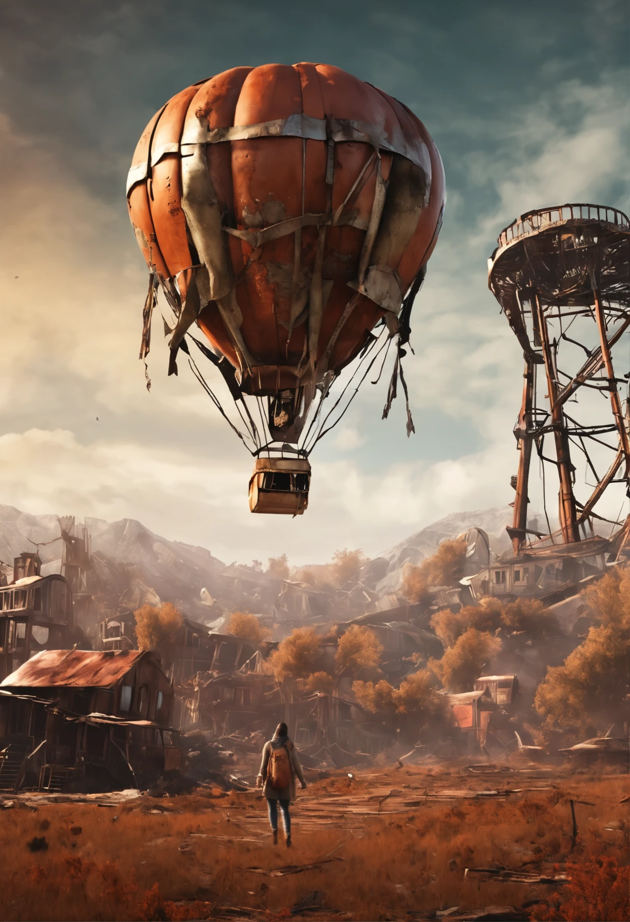 Imagine a hybrid in the post-apocalyptic scenario, with a beaming smile as he flies in a rust-colored hot air balloon over the wreckage of an old roller coaster ride. How she feels looking at the destroyed landscape around her?