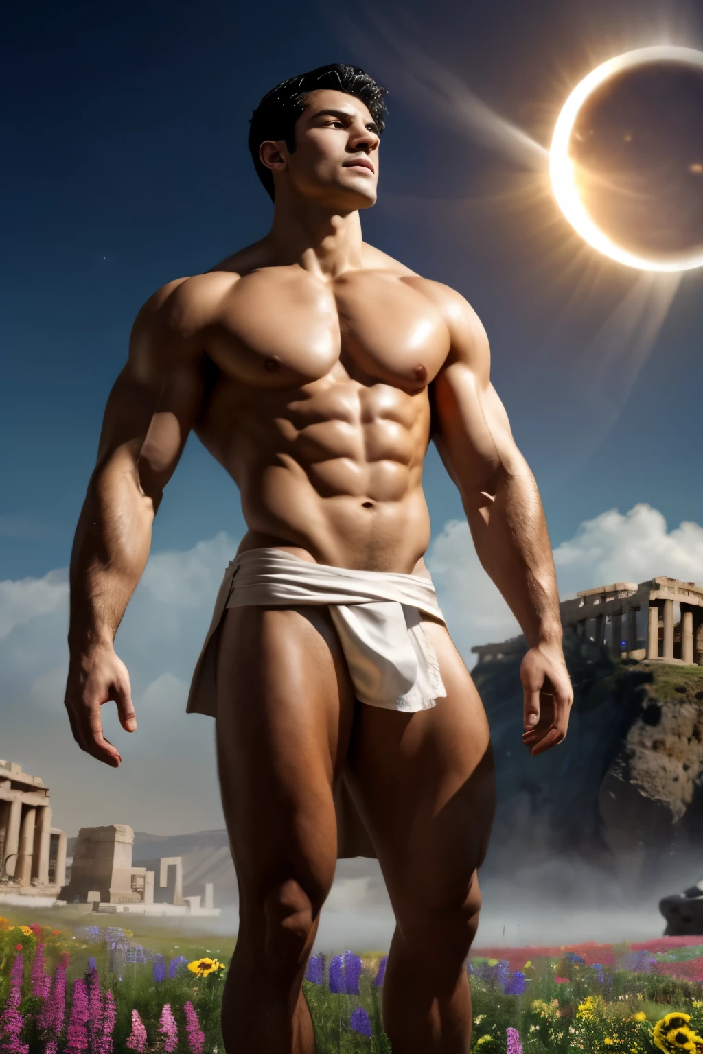 Muscular man with black hair, European face, Greek god body, small waist, wearing a small white Loincloth, Clearly elegant short hair, within ancient Greek time, Flowers and mist around, in background with huge solar eclipse in the sky,