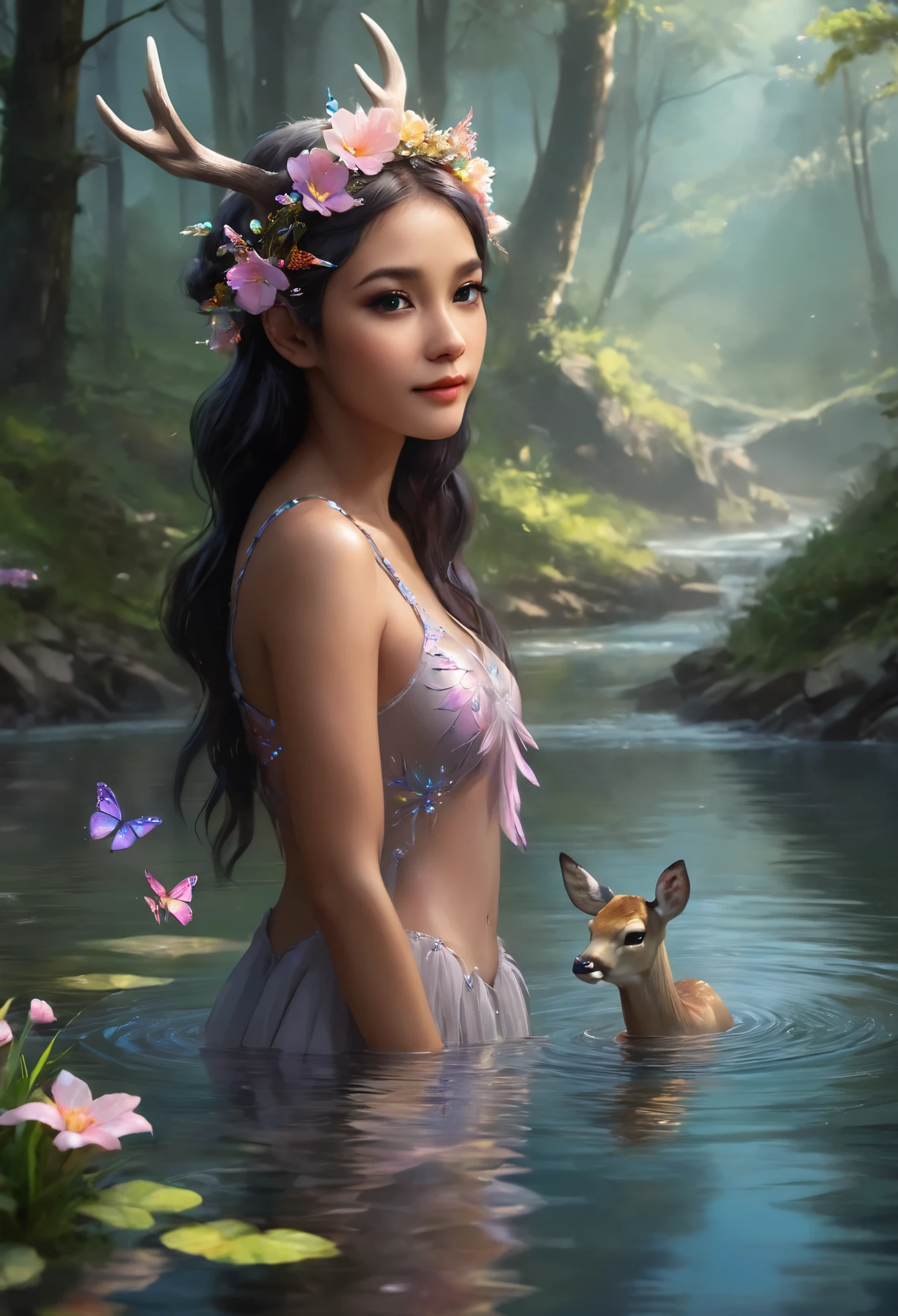 (there are a group of three naked womans sleeping in river, deer, bow, archery, full body, cinematic screen, ethereal, detailed, alluring succubus, ethereal beauty, perched on a cloud, (fantasy illustration:1.3), enchanting gaze, captivating pose, otherworldly charm, mystical sky, soft colors, (detailed cloudscape:1.3), (high-resolution:1.2), ((masterpiece)), (best quality), HDR, ((masterpiece)), (best quality), HDR, FEMME,artistic, Soft color palette, windblown flowers, Sparkle, magical photography, Soft smooth lighting, Light background,[light smile], expressionless, river, forest, rock, dramatic sky, warmtone, woman running,, a mature sad female, ethereal, large breasts, vivid color, bare shoulders, arms down, armpits, thighs, [light smile], expressionless, masterpiece, 8k resolution, fantasy art, ((high jumper's body proportions)), ((((no panties)))), ((no panties))), ((( No pants))),(((No socks)))),(No skirt)))),((No shoes)))),((Dynamic posture)))), (Full body))), (Greek feet), (Carefully groomed nails),((Delicate and small toes, perfect toes))), (Camel toes),((Correct anatomy)),((Correct dissection))),( Clothing: high slit design, white flowers cut at the waist, perfectly blending with the figure))), (((the world of clouds and mist))), (the clothes are painted with dirty and blood )))),