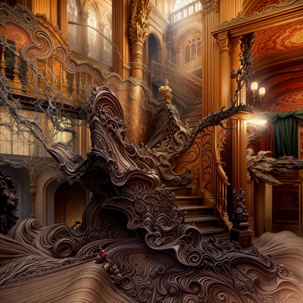 a close up of a staircase in a building with a painting on the wall, intricate castle interior, inside an epic gothic castle, gothic mansion room, gothic mansion, gothic interior, ornate and detailed, wide grand staircase, staircase, located in a castle, great masterpiece, wooden stairs, in a high renaissance style, 1 staircase, elegant and ornate, staircases