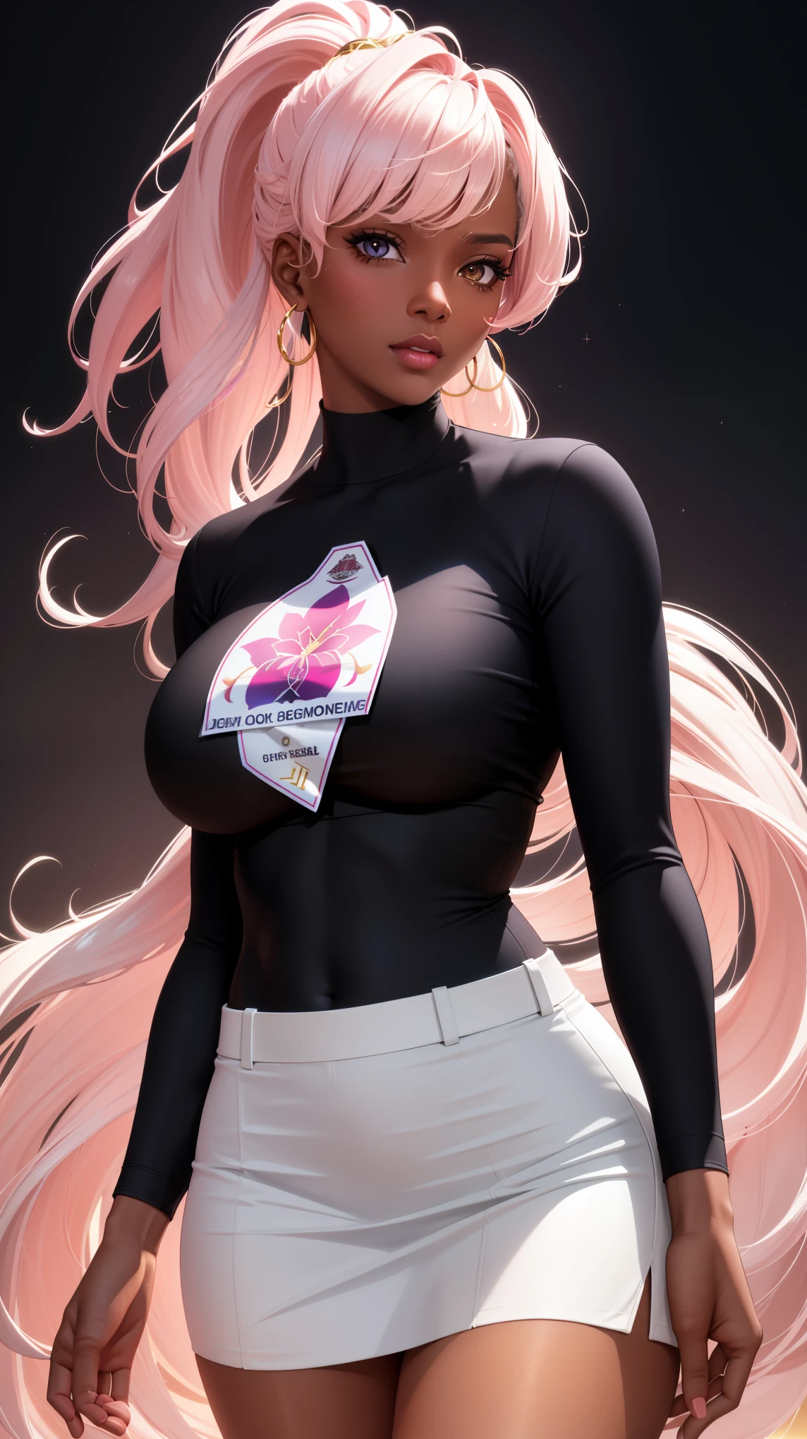 (best quality:1.5, highres, UHD, 4K, detailed lighting, shaders), white curly floral haired, gradient hair, large breasts, suit, T-shirt, social shirt, short skirt, mature woman , (pov), white background, colorful eyeshadow, dramatic lighting, sparkling eyes, sensual expression, golden earrings, flowing hair, delicate facial features, dark skin, high cheekbones, urban setting, black background, dont look for the camera, lean forward,  behind  the camera