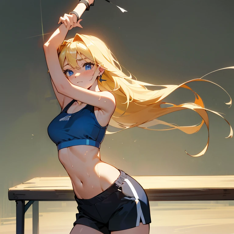 High qualityสุด、Highest picture quality、Masterpiece、Young woman too((18 years old、Sportswear、Sports bra, black、blue shorts、best breasts、Chest 85、Blonde、Long Hair、blue eyes、Open your chest wide.、valley、happiness、Black wristband on wrist、Has a slender appearance、flexion and extension、earring、The wind is blowing、Sweating、Stretch your right hand))High quality、visual arts、background with((gymnasium))、table top、