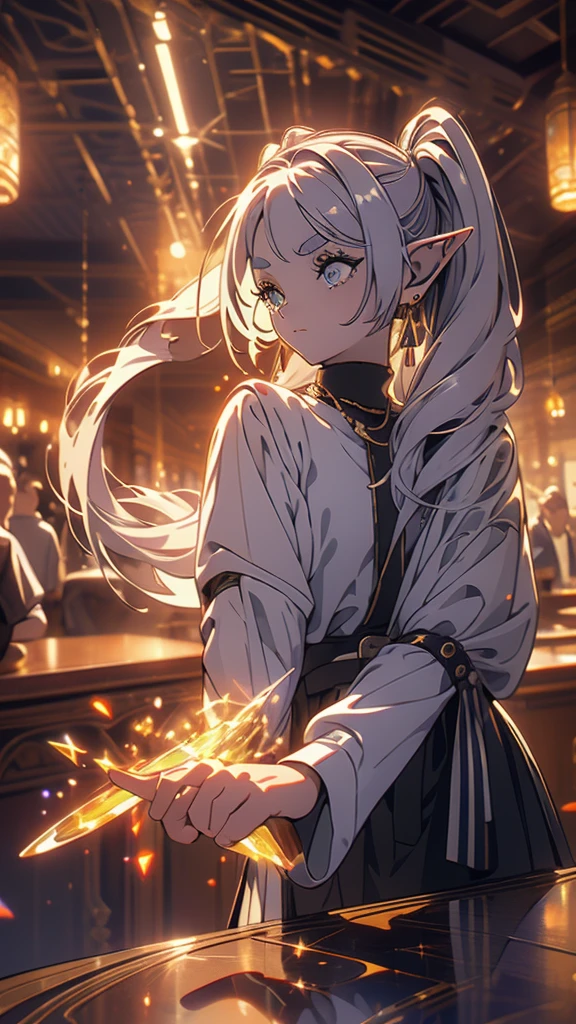 1girl,solo,elf,white hair,grey hair,earrings,pointy ears,long hair,ponytail,green eyes,twintails,parted bangs,thick eyebrows,highest quality,((highest quality)),((table top)),((perfect face)),become familiar with５Two finger hand,1 girl,(background blur), ((holographic)),1 girl,milky way, (stripes of light), impressive visuals, (dynamic streak, path of light:1.2), bright colors,Diavel Star,full body,dynamic pose