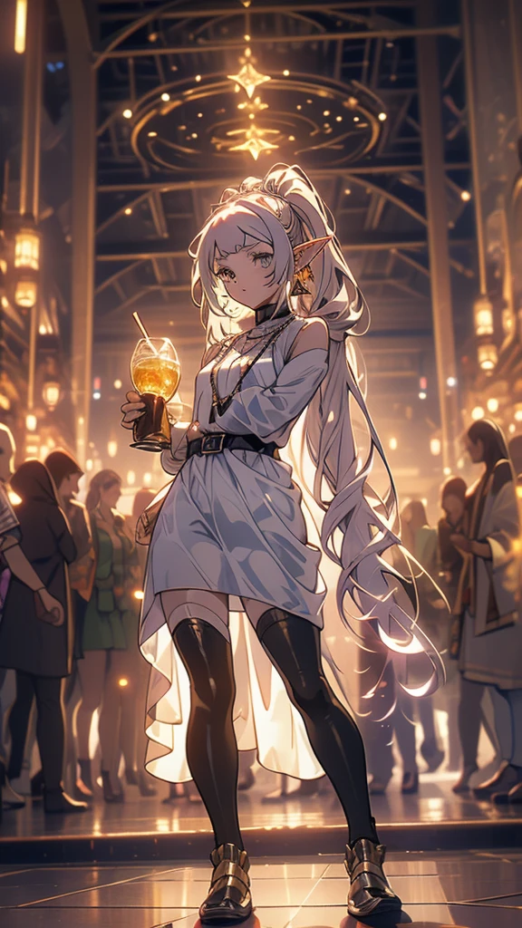1girl,solo,elf,white hair,grey hair,earrings,pointy ears,long hair,ponytail,green eyes,twintails,parted bangs,thick eyebrows,highest quality,((highest quality)),((table top)),((perfect face)),become familiar with5Two finger hand,1 girl,(background blur), ((holographic)),1 girl,milky way, (stripes of light), impressive visuals, (dynamic streak, path of light:1.2), bright colors,Diavel Star,full body,dynamic pose
