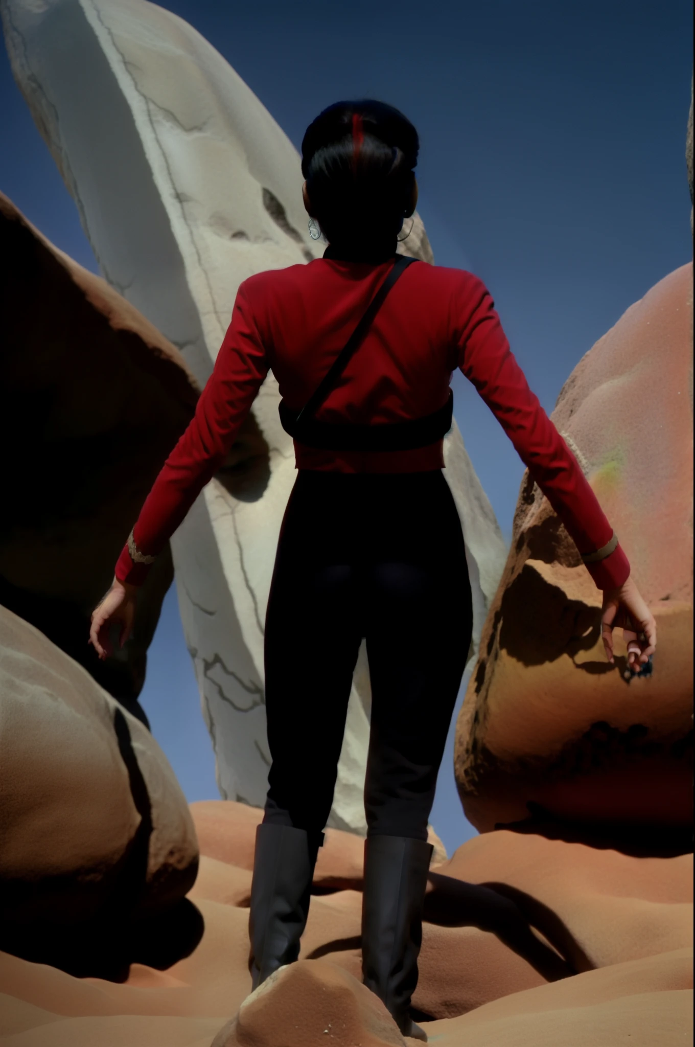 sdn female officer wearing red and black starfleet uniform, stranded on an alien rock with dead plant life lookign sexy pose from behind