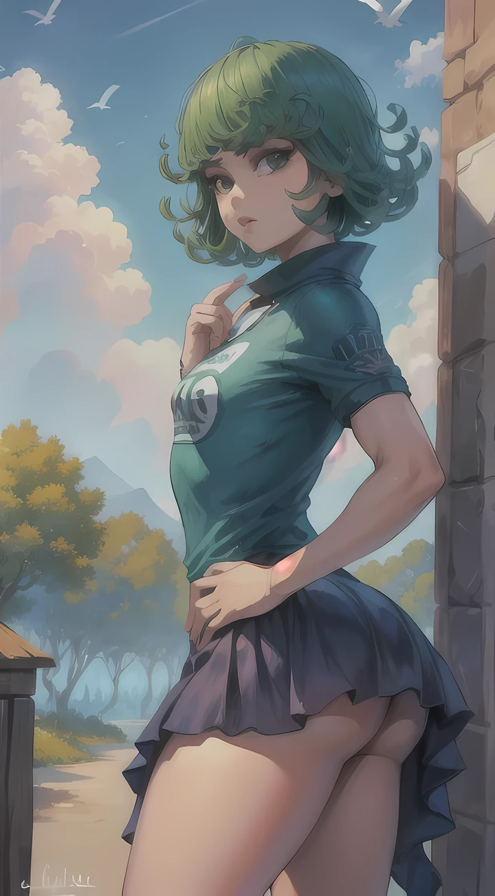 (obra de arte, Melhor qualidade:1.2), tiro de vaqueiro, Sozinho, 1 garota, Tatsumaki, Lascivo, boca fechada, olhando para o espectador, It is, quadris largos, camiseta, short curto, cIt isu azul, nuvens, erotica, decote na virilha