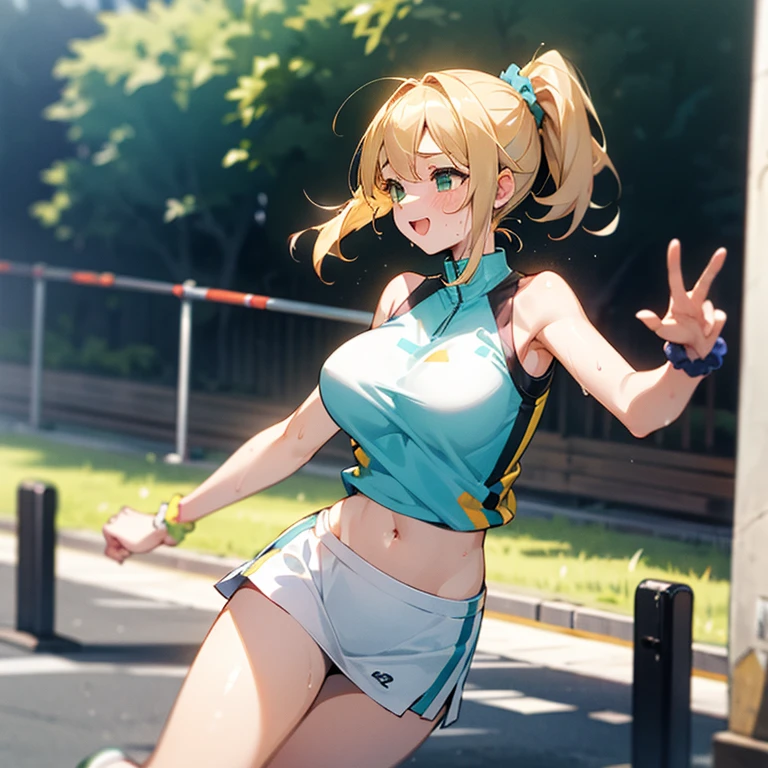 1 girl, CG game, Blue sleeveless exercise clothes, Can see navel, white short skirt, Scrunchie, gigantic bust, Blonde, middle hair, side ponytail, green eyes, be happy, Raise your hand, run, sweat, outdoor, target tape,