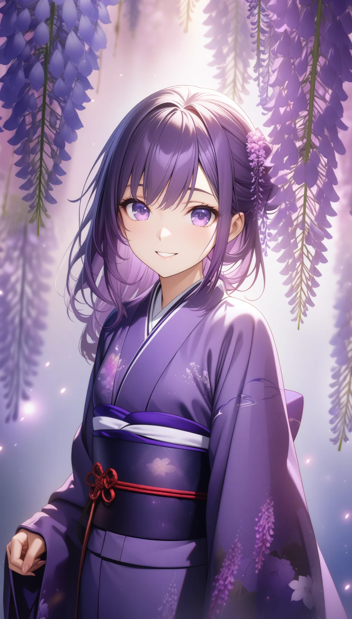 32k, best quality, ultra high res, HDR, UHD, extremely detailed CG, unity 32k wallpaper, (((hight quality))), (((high-level image quality))), ((smile)), (((hight quality wisteria flowers background))), (((purple hair))), (((purple eyes))), (((18 years old))), (((illustration))), (((purple light particles))), (((purple kimono))), (((purple Japanese clothes))),