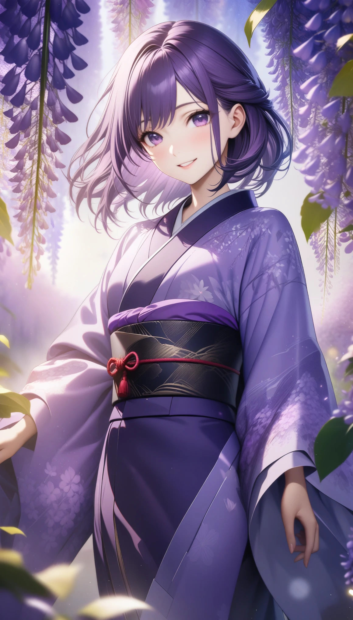32k, best quality, ultra high res, HDR, UHD, extremely detailed CG, unity 32k wallpaper, (((hight quality))), (((high-level image quality))), ((smile)), (((hight quality wisteria flowers background))), (((purple hair))), (((purple eyes))), (((18 years old))), (((illustration))), (((purple light particles))), (((purple kimono))), (((purple Japanese clothes))), 