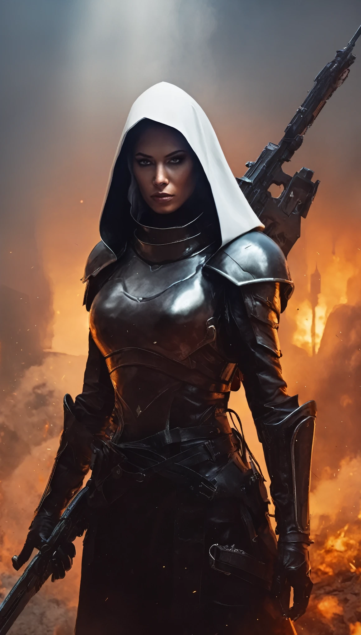 sci-fi, fantasy, digital paintig, medieval warrior nun, medieval nun in armor and weapon, holy cross on neck, ben dunn comic style (ben dunn's Warrior Nun Areala), immersive background of battlefield, war with demons