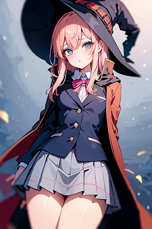 anime illust,wearing preppy blazer and check skirt with witch hat and cloak