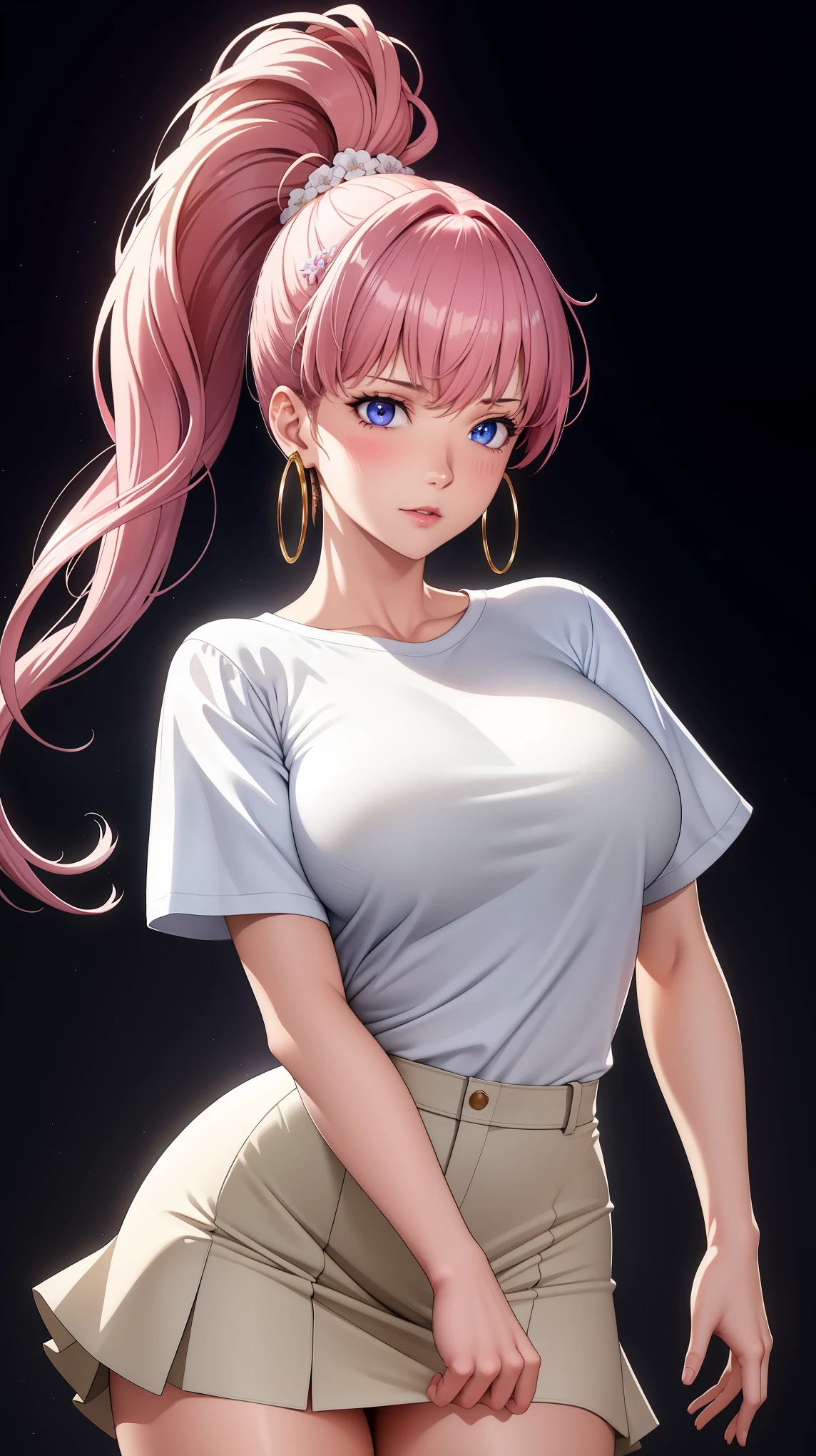 (best quality:1.5, highres, UHD, 4K, detailed lighting, shaders), white curly floral haired, gradient hair, large breasts, suit, T-shirt, social shirt, short skirt, mature woman , (pov), white background, colorful eyeshadow, dramatic lighting, sparkling eyes, sensual expression, golden earrings, flowing hair, delicate facial features, white skin, high cheekbones, urban setting, black background, dont look for the camera, lean forward, behind the camera