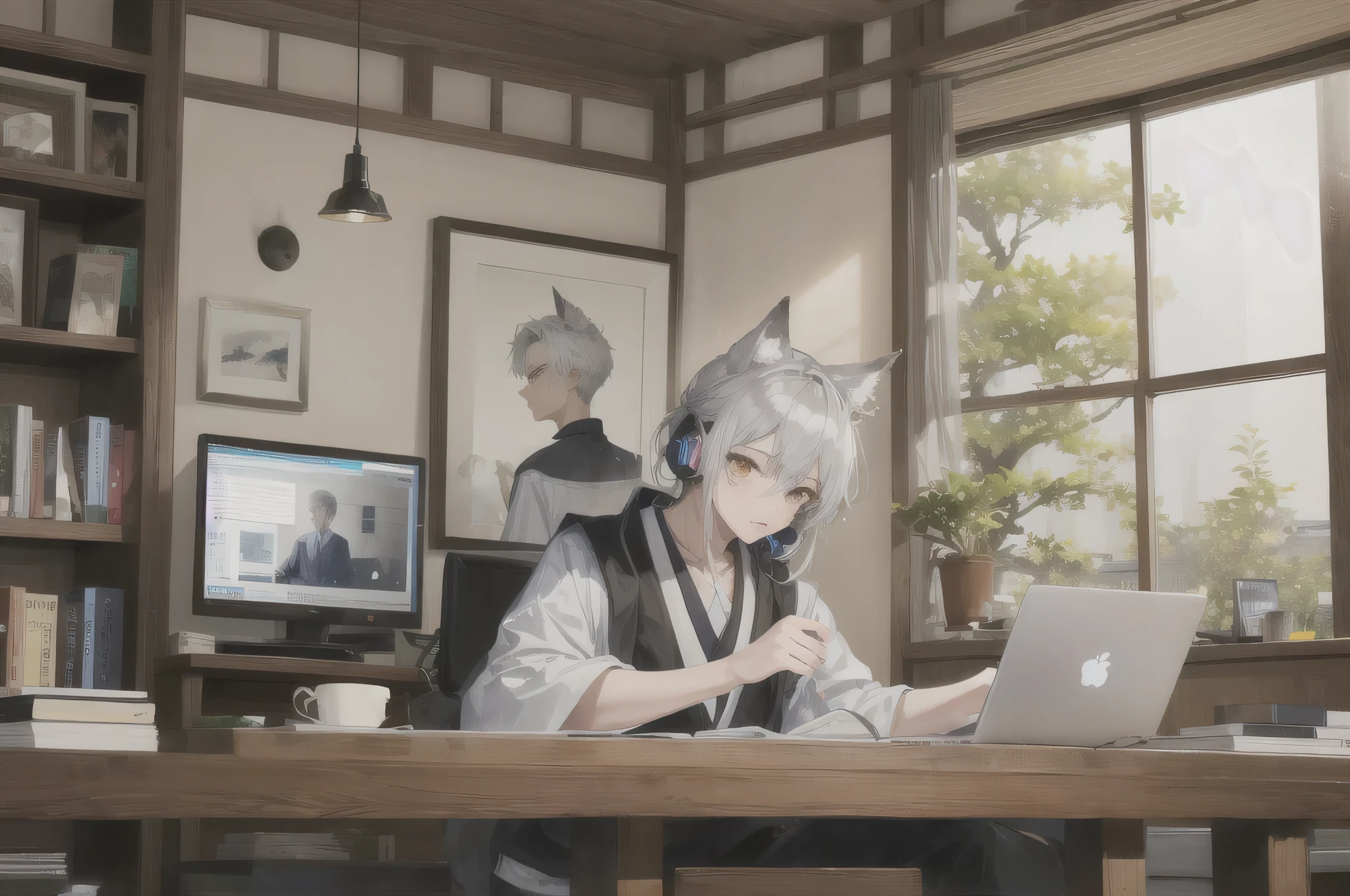 ((highest quality)), ((masterpiece)), (be familiar with), perfect face ((highest quality)), ((masterpiece)), high resolution、male、male sex、mens #Kyoto old folk house The time is morning #A handsome male at work Silver-coloured kimono、silver hair、silver fox with ears、Silver fox tail、earphone、Working while looking at a computer