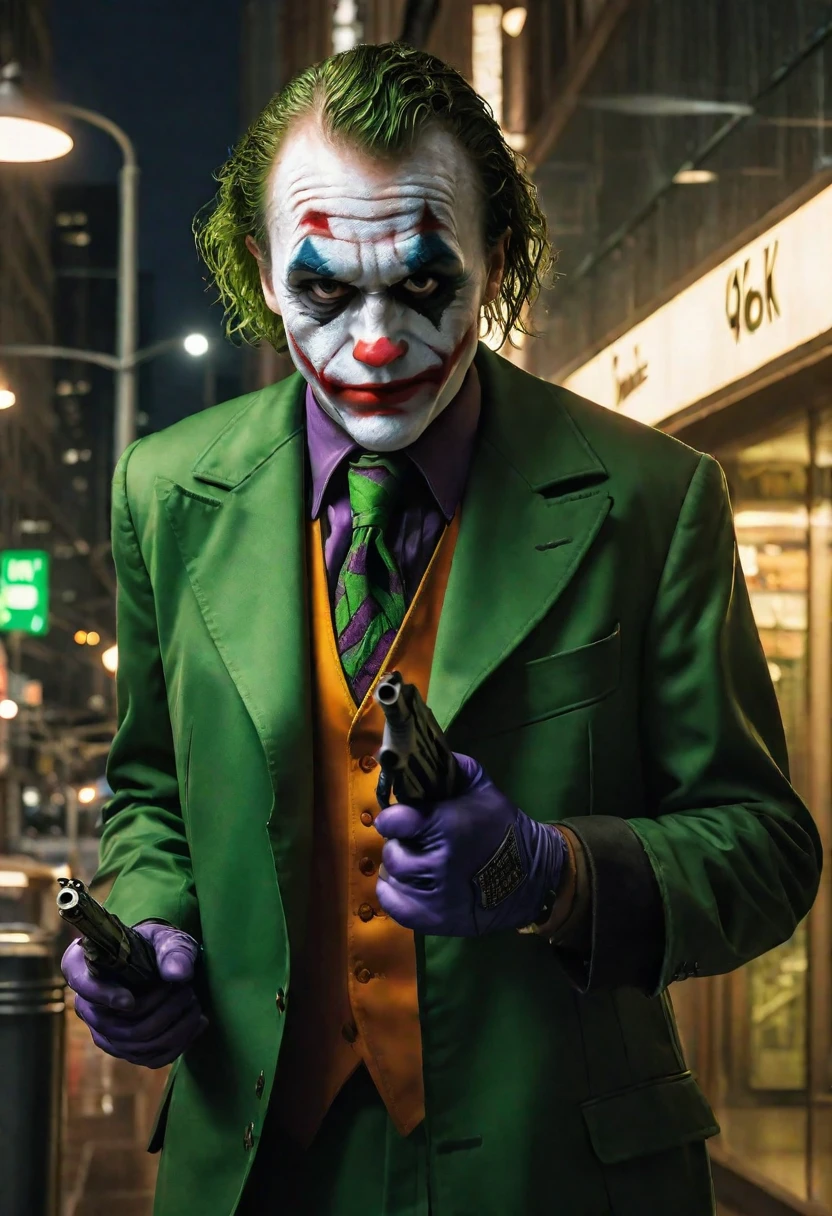 Crisp and Intricate Photorealism illustration with cinematic lighting of an endearing yet slightly grotesque fascinating the joker character , with exaggerated features, robbing a bank in Gotham City, holding a joker gun , wearing black and green Nike air max trainers and black and green Nike clothing . 4k, 8K ultra detailed --ar 9:16 --stylize 850
cinematic lighting, detailed, Gotham City, illustration, joker character, photorealism, v 6