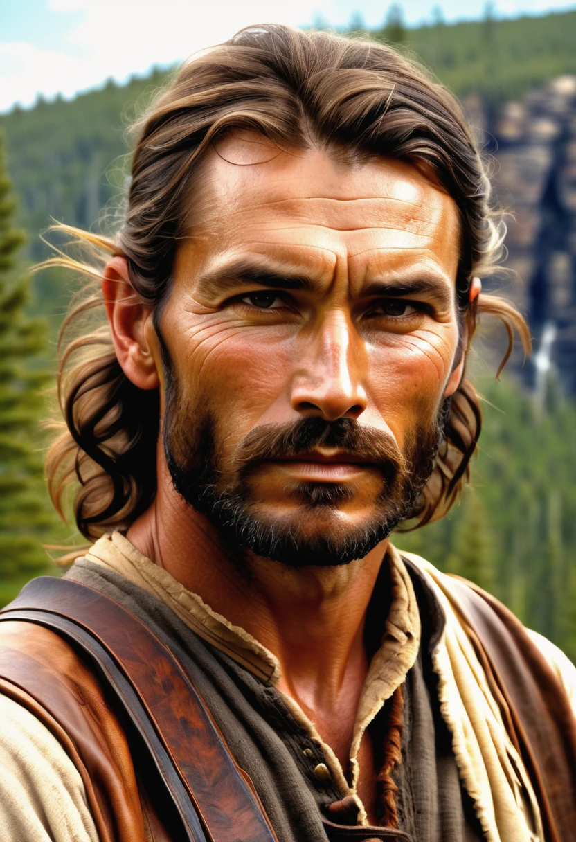 (highly detailed, soft light, detailed face, detailed skin, detailed eyes, photorealistic, dynamic light; cinematic); 1820's; 35 years old man; German-Native American mix; 1820's fur hunter; leadership figure; strikingly handsome; confident and intensely alluring; wild man; defined cheekbones; defined strong jawline; longer chin; handsome face; strapping; tough but romantically interested expression; masculine face; charismatic; grizzled; sensual; strong German nose; manly passionate air; very attractive; burly broad figure with strong shoulders; naturally tanned ruddy weathered skin; long stubble beard; natural dark-blue eyes; thick strong chestnut-brown eyebrows; 1820's fur-trader's clothes; 1820's leather necklace; tousled chestnut-brown hair half up; full firm masculine lips; 1820's Red River Settlement with boreal forest in background; natural dark-blue eyes; looking at camera