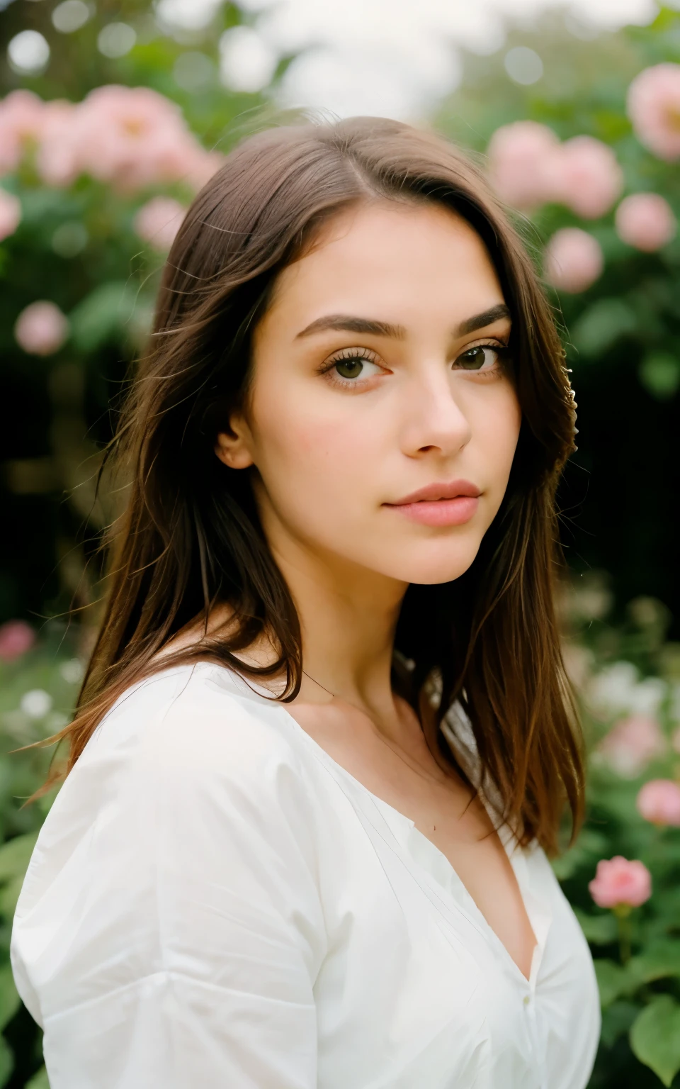 realistic, photo of a cute young girl, innocent, big beautiful eyes, long brown hair, pale white skin, looking from the side, in a garden full of flowers and lots of colors,  Porta 160 color, shot on ARRI ALEXA 65, bokeh, sharp focus on subject, shot by Don McCullin, High Resolution, 4K, high detailed face,