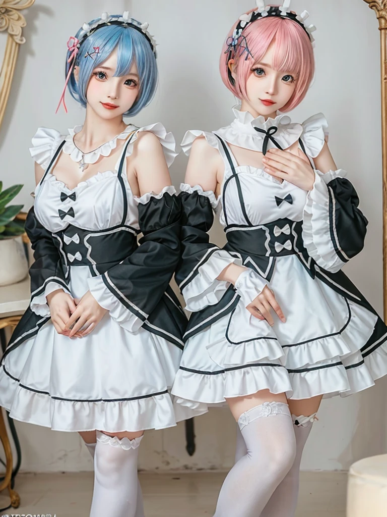 (8K, Photorealistic, Raw photo, of the highest quality: 1.3), (1girl in), Super beautiful, (Realistic face), (boyish, pink Color Berry Shorthair), Beautiful , Glare that captivates the viewer, Beautiful expression, Beautiful breasts, (Realistic skin), Be...Create a detailed and colorful image of Ram and Rem from Re:Zero, standing back-to-back in their maid outfits, with a magical fantasy background、14years old, two girls,cute, perfect face, beautiful, nice body, gothic lolita clothes, gothic lolita fashion, frilly skirt, headdress, necklace, bracelet, knee-high socks, boots, double eyelids, tear bags, Detailed down to the fingers, photo-like description, indoors, dim indoor lighting, one girl is pink hair and short bob, another girl is light blue hair and short bob,standing, sexy posing,whole body, composition that shows the whole body, smiling,The Both of them are wearing the same type of maid outfit