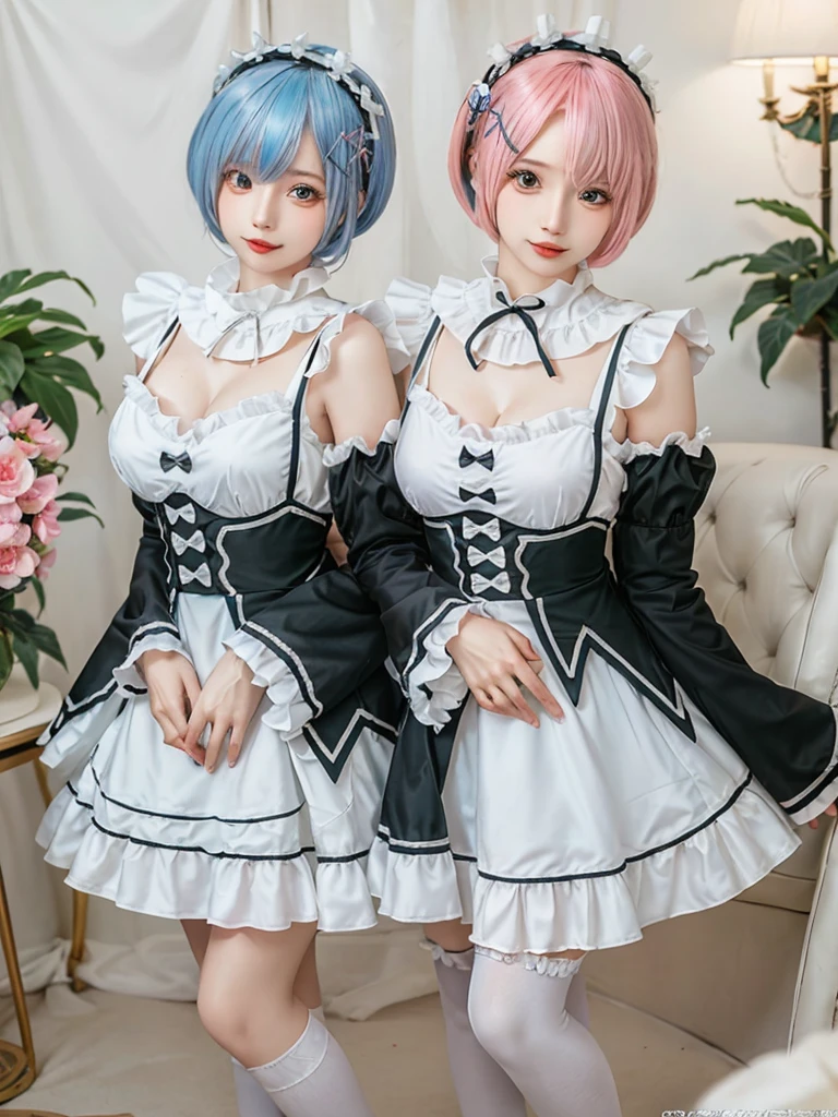 (8K, Photorealistic, Raw photo, of the highest quality: 1.3), (1girl in), Super beautiful, (Realistic face), (boyish, pink Color Berry Shorthair), Beautiful , Glare that captivates the viewer, Beautiful expression, Beautiful breasts, (Realistic skin), Be...Create a detailed and colorful image of Ram and Rem from Re:Zero, standing back-to-back in their maid outfits, with a magical fantasy background、14years old, two girls,cute, perfect face, beautiful, nice body, gothic ta clothes, gothic loliashion, frilly skirt, headdress, necklace, bracelet, knee-high socks, boots, double eyelids, tear bags, Detailed down to the fingers, photo-like description, indoors, dim indoor lighting, one girl is pink hair and short bob, another girl is light blue hair and short bob,standing, sexy posing,whole body, composition that shows the whole body, smiling,The Both of them are wearing the same type of maid outfit